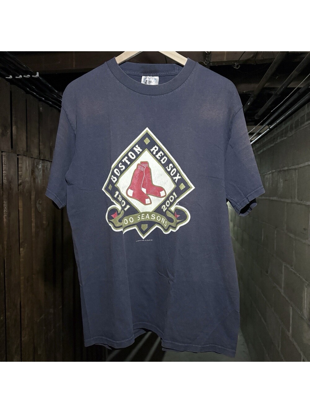 Vintage 2001 Boston Red Sox 100 Seasons Graphic Tee XL Faded Navy MLB Baseball